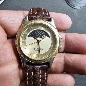 Vintage Quemex Moon / Sun Face Dial Quartz Watch Not Working For Parts Or Repair